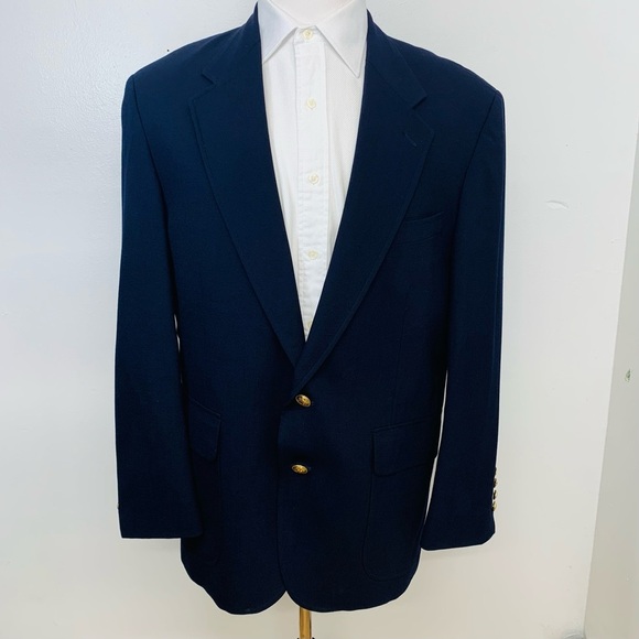 Lands End Navy Blue Gold Button Blazer  Jacket Men 43R Wool Sport Coat Made USA - Picture 1 of 15